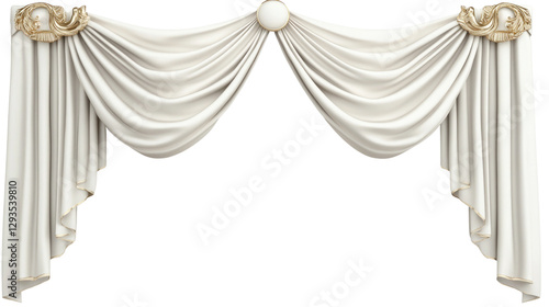 Elegant white draped curtain with intricate golden hardware showcasing sophistication and style in interior decor