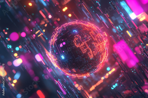 A high-tech futuristic energy sphere floating in deep cyberspace, surrounded by glowing digital connections, cybernetic light waves, and holographic AI-driven symbols. The abstract sci-fi background