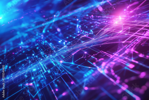 A futuristic technology background featuring a vast digital network of glowing interconnected nodes, pulsating light trails, and floating holographic elements. The abstract design showcases cybernetic