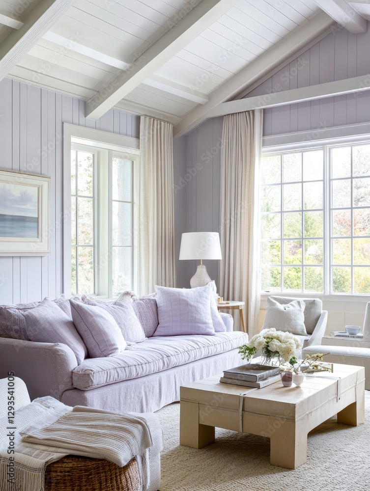 A beautifully decorated room with a sofa and windows A beautifully decorated room with a sofa and windows