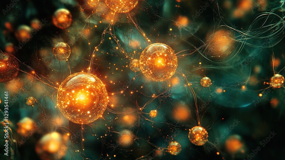 Complex network of glowing quantum nodes, representing entangled particles in a digital matrix Complex network of glowing quantum nodes, representing entangled particles in a digital matrix
