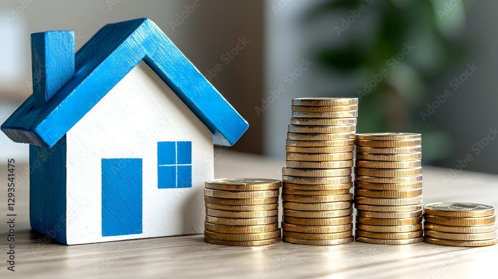 Blue and White House Model with Stacks of Gold Coins on Wooden Surface Blue and White House Model with Stacks of Gold Coins on Wooden Surface