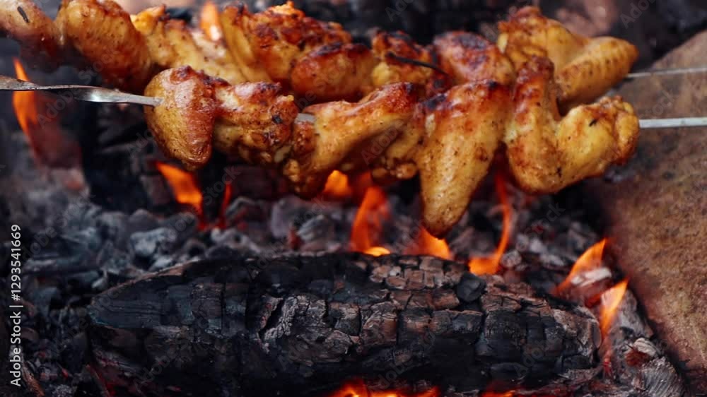 120 FPS slow-motion close-up of delicious grilled chicken wings cooking over hot embers 120 FPS slow-motion close-up of delicious grilled chicken wings cooking over hot embers
