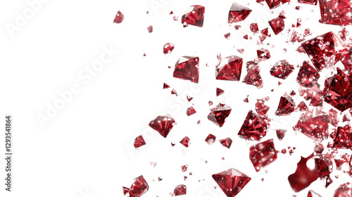 Bright red diamonds scatter across a white background, showcasing their intricate facets and gleaming surface under light