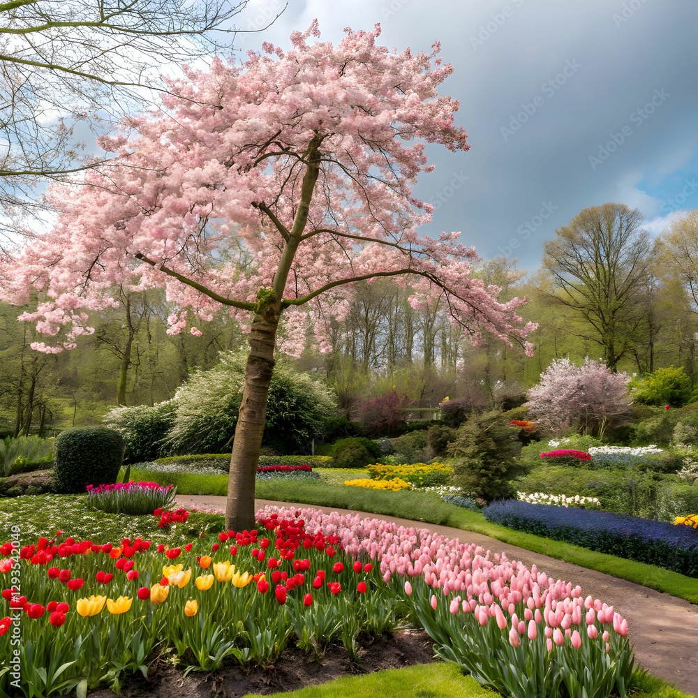 blooming garden with cherry tree at keukench of garden blooming garden with cherry tree at keukench of garden