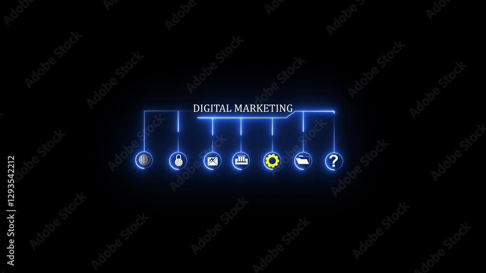 Glowing neon line banner of digital marketing concept with icons of branding, advertising, SEO, social media. on black background Glowing neon line banner of digital marketing concept with icons of branding, advertising, SEO, social media. on black background