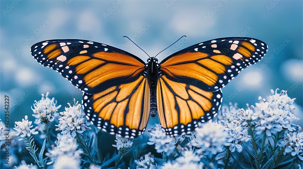 Fototapeta premium Monarch butterfly on white flowers, nature background, serene scene, perfect for nature prints