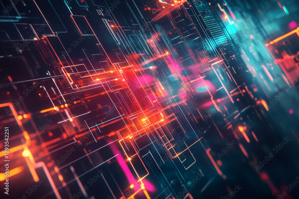 Fototapeta premium Abstract futuristic background with 3D-rendered interconnected geometric shapes, floating digital grids, cyberpunk-style neon lighting, and ultra-detailed reflections. Tech-based visualization, high