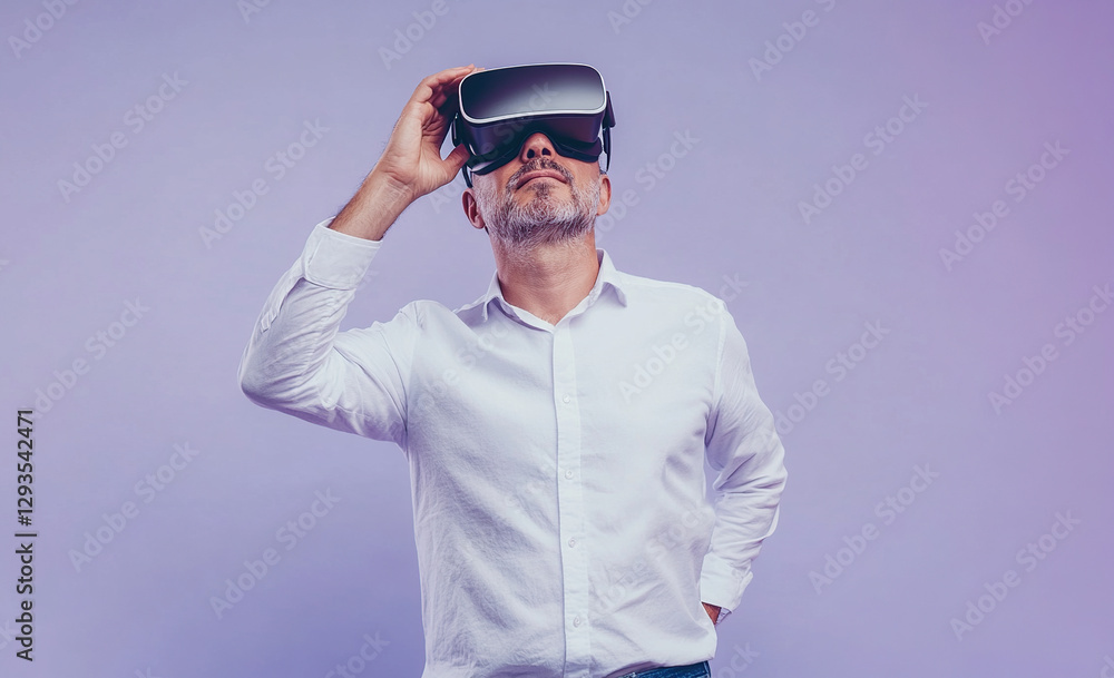 Middle-aged man using virtual reality headset Middle-aged man using virtual reality headset