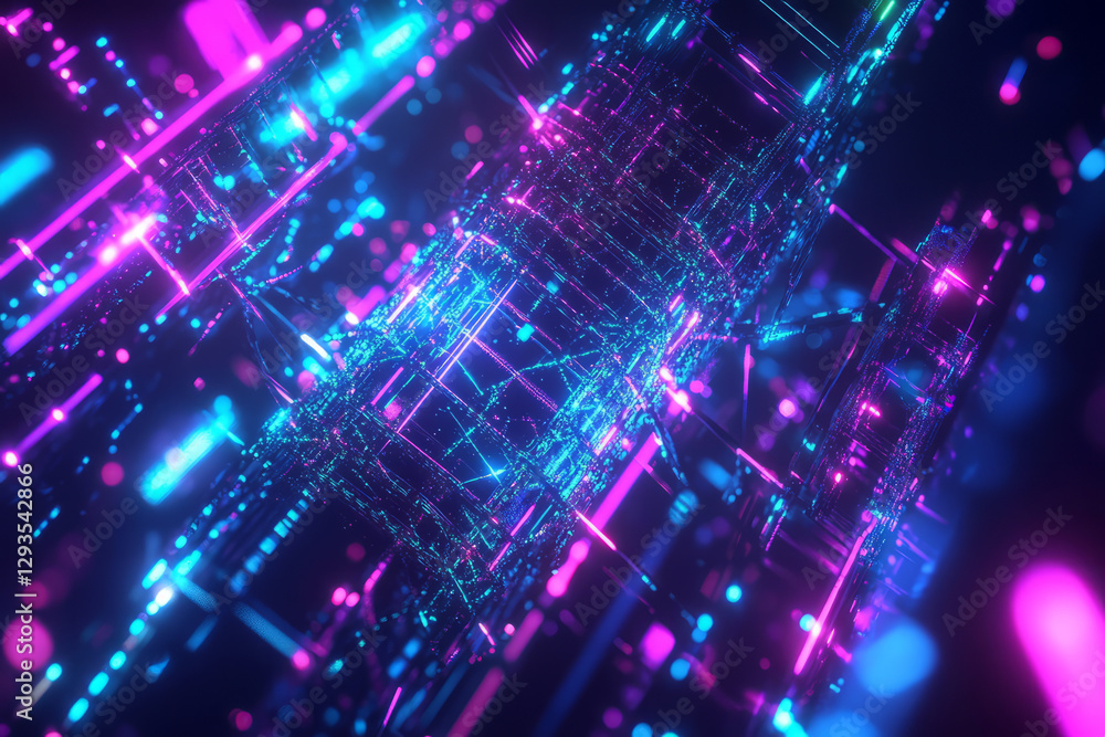 Abstract cybernetic fractal-based digital structure, glowing with neon holographic reflections. The high-tech technology concept includes AI-driven elements, luminous cyber waves, and futuristic light Abstract cybernetic fractal-based digital structure, glowing with neon holographic reflections. The high-tech technology concept includes AI-driven elements, luminous cyber waves, and futuristic light