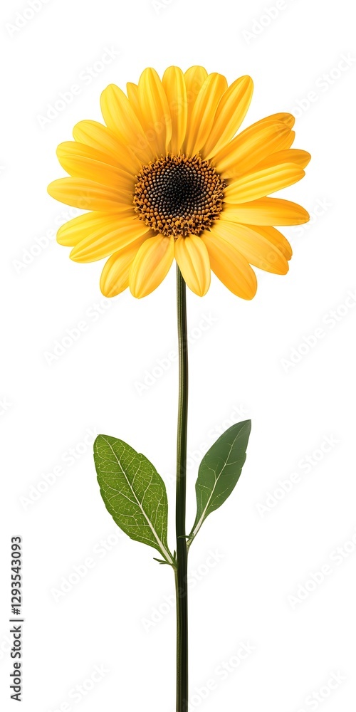 Fototapeta premium Bright Yellow Daisy Flower with Green Leaves on White Background
