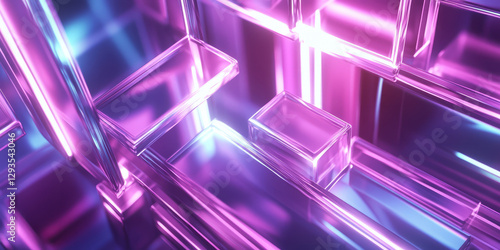 A high-tech abstract background inspired by crystalline formations, featuring transparent neon prisms refracting light into infinite geometric patterns. The luminous, futuristic composition creates an