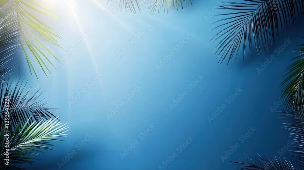 Fototapeta premium Blue sky with palm leaves framing the scene. Sunlight, a summer background. illustration with copy space. Design for a banner, poster, or flyer.