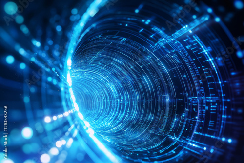 A mesmerizing cybernetic light tunnel filled with glowing data streams, holographic projections, and intricate neural connections. The futuristic abstract background represents AI-driven intelligence,