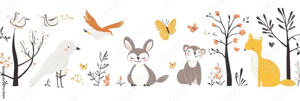 Obraz premium Cute cartoon animals in whimsical forest setting with trees, flowers, and butterflies. This delightful illustration features bird, rabbit, bear, and fox, perfect for children decor