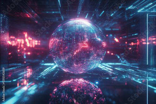 A high-tech futuristic energy sphere floating in deep cyberspace, surrounded by glowing digital connections, cybernetic light waves, and holographic AI-driven symbols. The abstract sci-fi background
