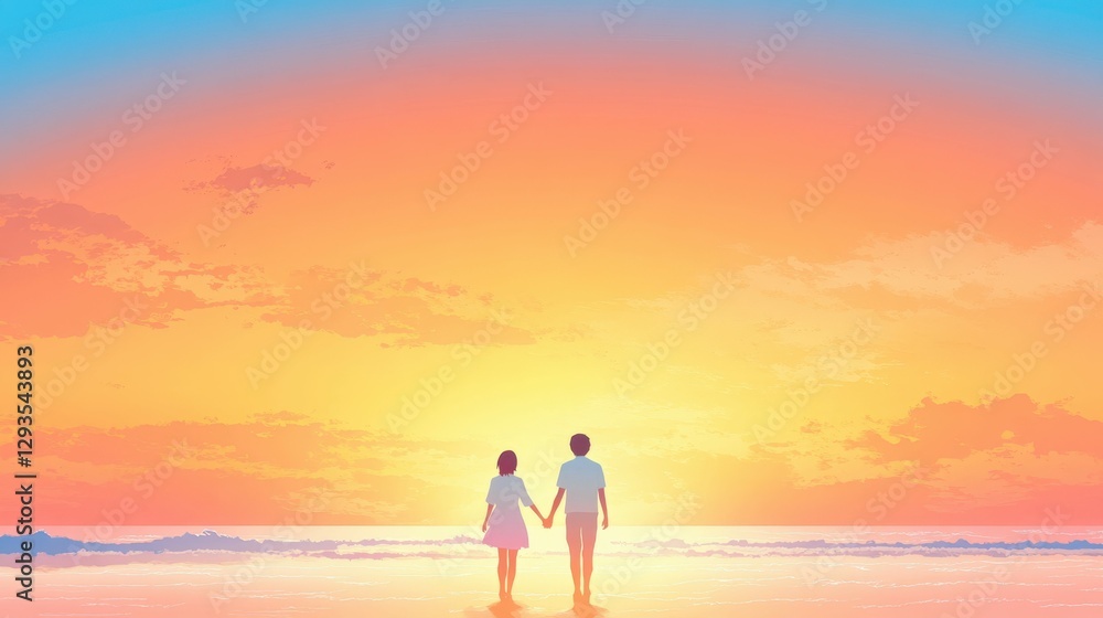 A couple walking hand-in-hand on a beach at sunset, serene waves and vibrant orange tones, A couple walking hand-in-hand on a beach at sunset, serene waves and vibrant orange tones,