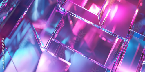 A high-tech abstract background inspired by crystalline formations, featuring transparent neon prisms refracting light into infinite geometric patterns. The luminous, futuristic composition creates an