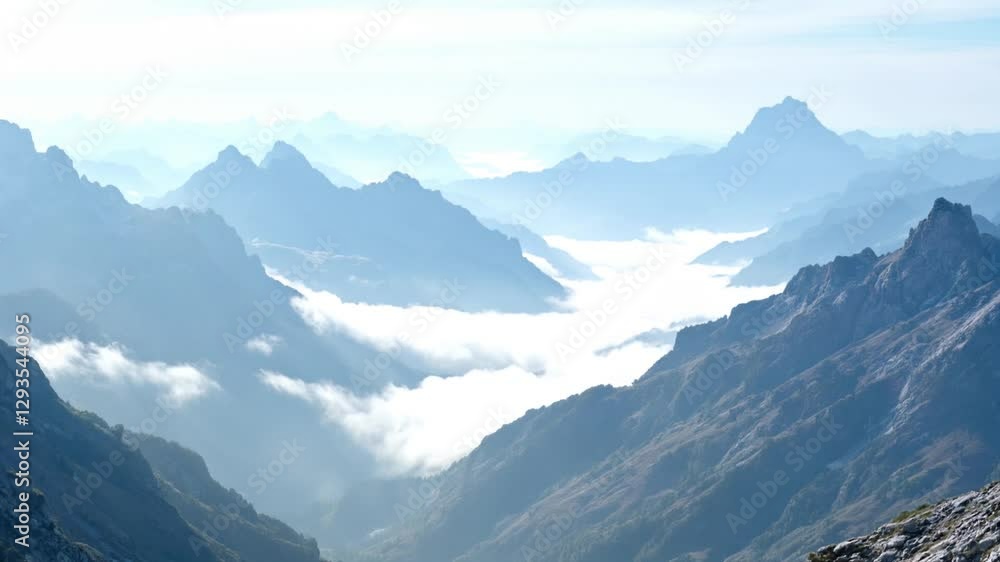 Serene Mountain Landscape with Misty Valleys and Majestic Peaks Under Soft Light Serene Mountain Landscape with Misty Valleys and Majestic Peaks Under Soft Light