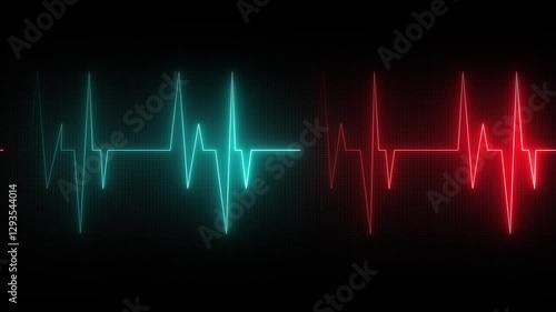 Digital minimalist neon cardiogram showing one heart cycle. Correct medical image of a cardiogram with the appropriate teeth and segments. Black background.