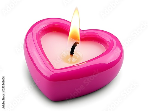 Burning Pink Heart Shaped Candle on White Background