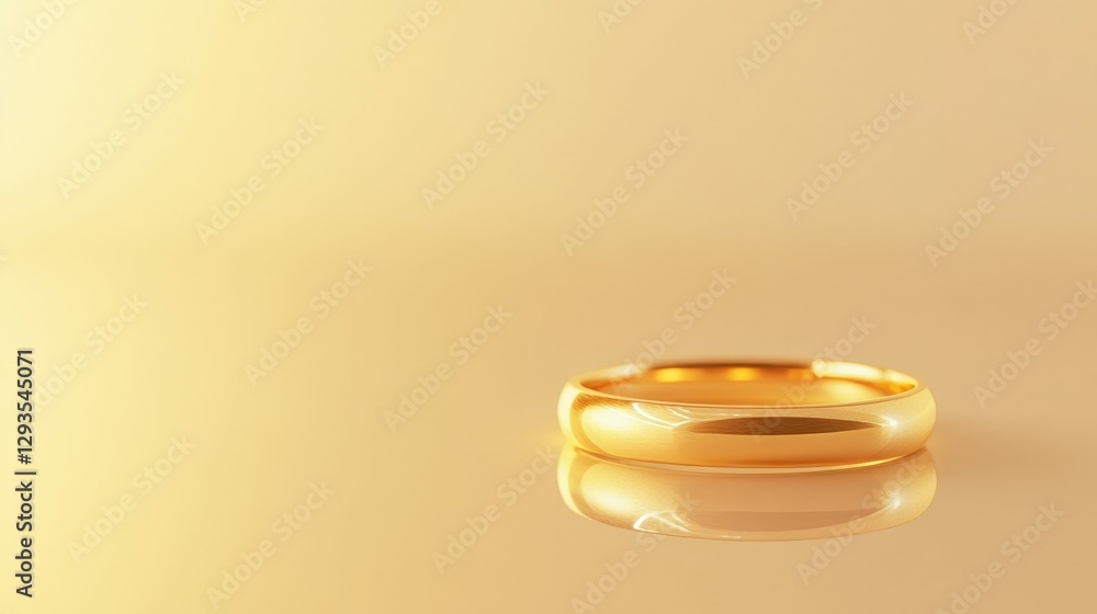A golden wedding band resting on a reflective surface with soft warm lighting, timeless and luxurious, A golden wedding band resting on a reflective surface with soft warm lighting, timeless and luxurious,