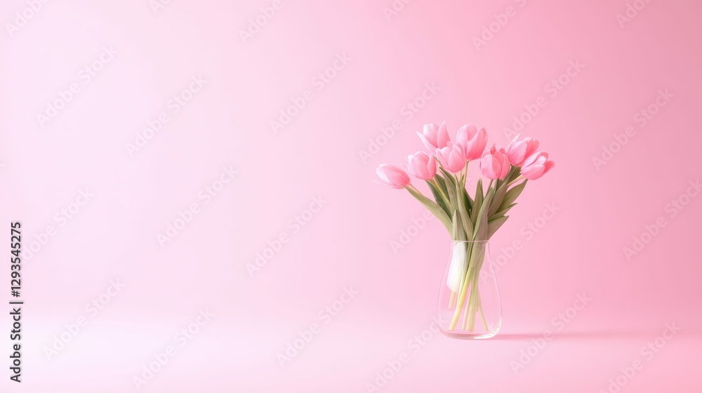 Obraz premium A bouquet of pink tulips in a glass vase placed on a pastel background, fresh and elegant,