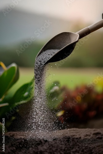 Wood ash is sprinkled onto the bare soil of a kitchen garden as a natural fertiliser, with copy space.