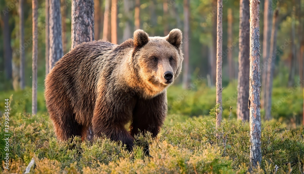 Obraz premium Majestic Brown Bear Roaming through Snowy Finnish Forest at Dawn An Enchanting Winter Wildlife Moment Captured in Kuhmo, North Karelia