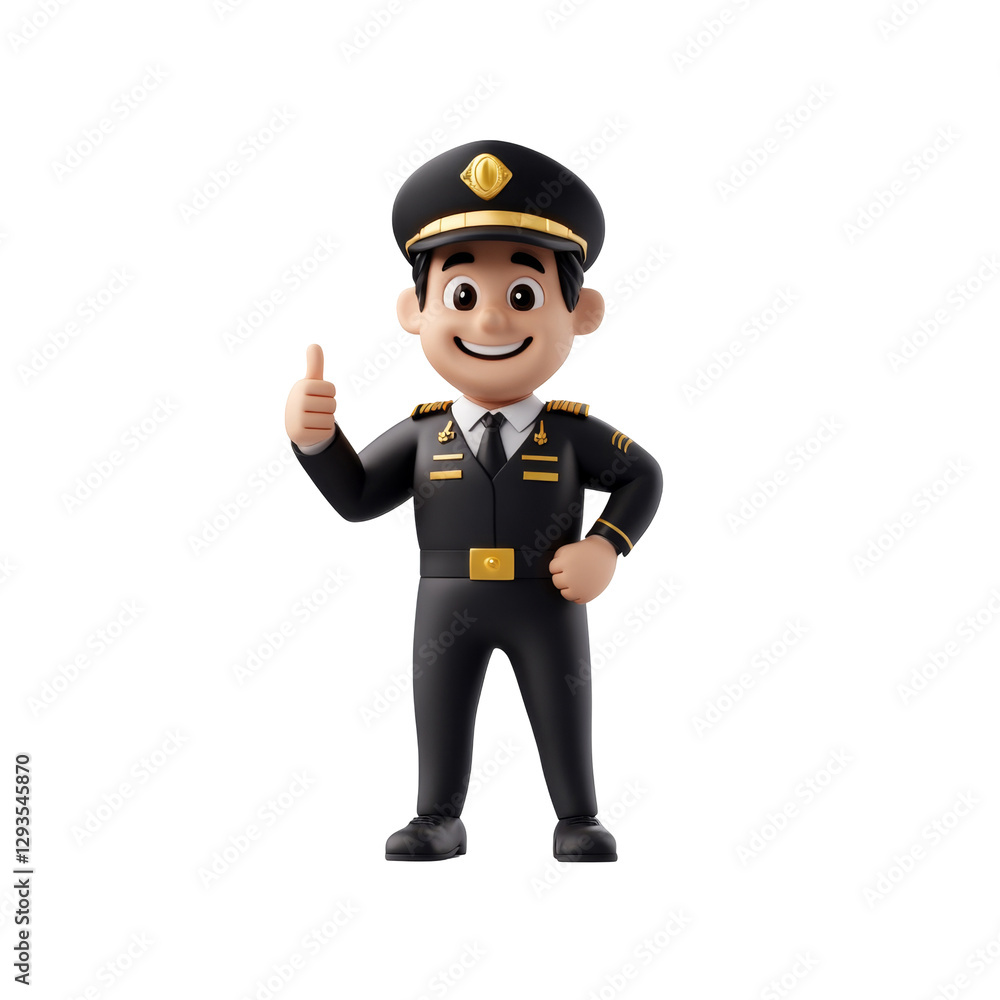 Smiling cartoon pilot in uniform giving a thumbs-up gesture with cheerful expression