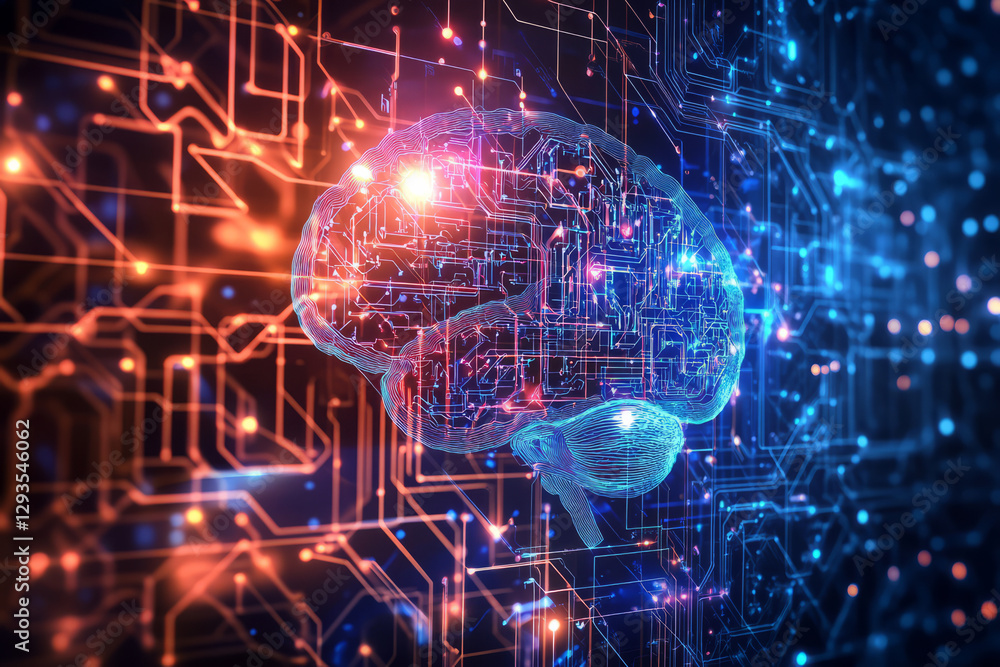 A futuristic cybernetic interface displaying AI-generated holographic data streams, glowing neural pathways, and pulsating digital circuits. The high-tech abstract background represents artificial A futuristic cybernetic interface displaying AI-generated holographic data streams, glowing neural pathways, and pulsating digital circuits. The high-tech abstract background represents artificial