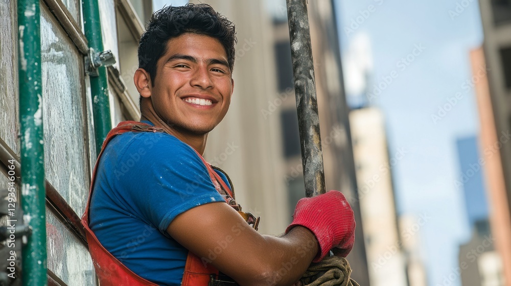 Obraz premium Young Mexican man, smiling, cleaning windows outside a tall building, hanging on a scaffold
