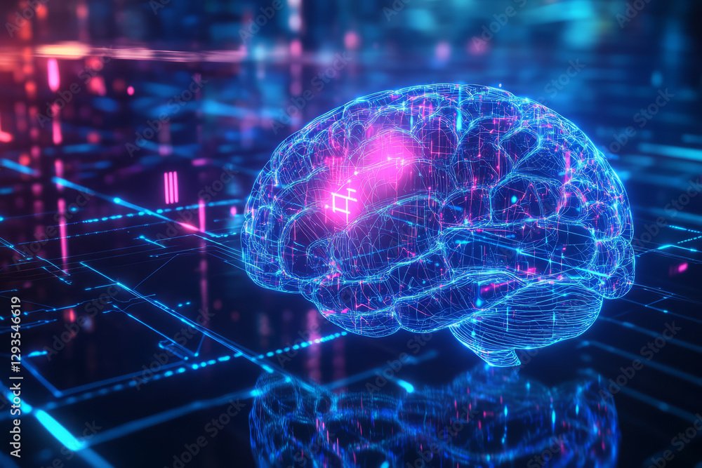 Abstract AI-powered digital brain floating in a futuristic cyber network. The glowing neural pathways form an intricate web of electric blue and magenta energy, symbolizing artificial intelligence and Abstract AI-powered digital brain floating in a futuristic cyber network. The glowing neural pathways form an intricate web of electric blue and magenta energy, symbolizing artificial intelligence and