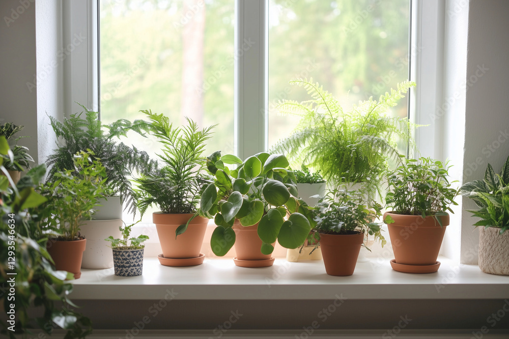 A bright windowsill adorned with lush green potted plants in terracotta and ceramic pots. Sunlight filters through, creating a fresh and serene indoor garden atmosphere A bright windowsill adorned with lush green potted plants in terracotta and ceramic pots. Sunlight filters through, creating a fresh and serene indoor garden atmosphere