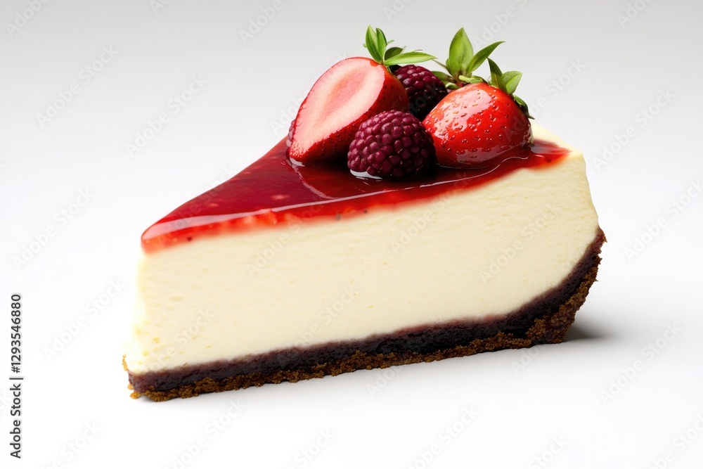 Delicious cheesecake slice topped with fresh strawberries and be Delicious cheesecake slice topped with fresh strawberries and be