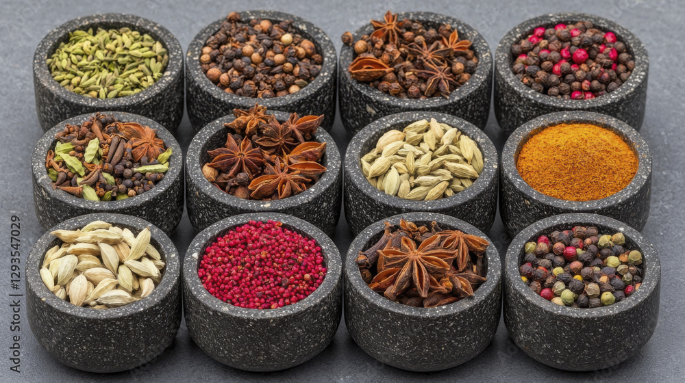 Fototapeta premium vibrant display of various spices in stone bowls, showcasing rich colors and textures