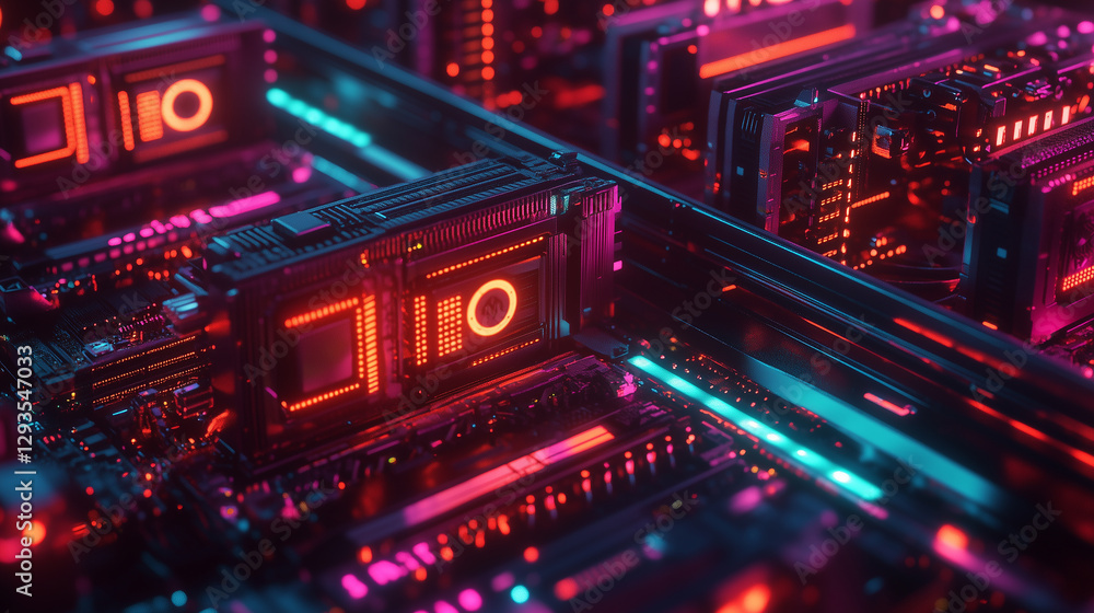 Crypto mining farm operating with thousands of graphics cards in a vibrant neon-lit environment Crypto mining farm operating with thousands of graphics cards in a vibrant neon-lit environment