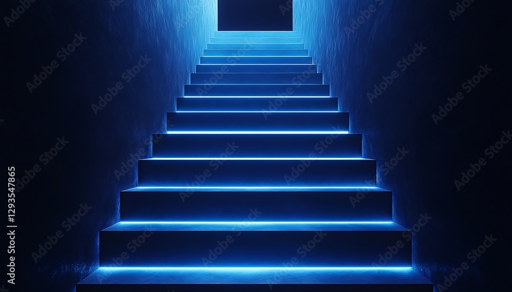Fototapeta premium Blue neon stairs, dark hallway, ascent