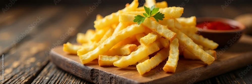 Crunchy shoestring french fries on a rustic wooden board with ketchup dip, food, board Crunchy shoestring french fries on a rustic wooden board with ketchup dip, food, board