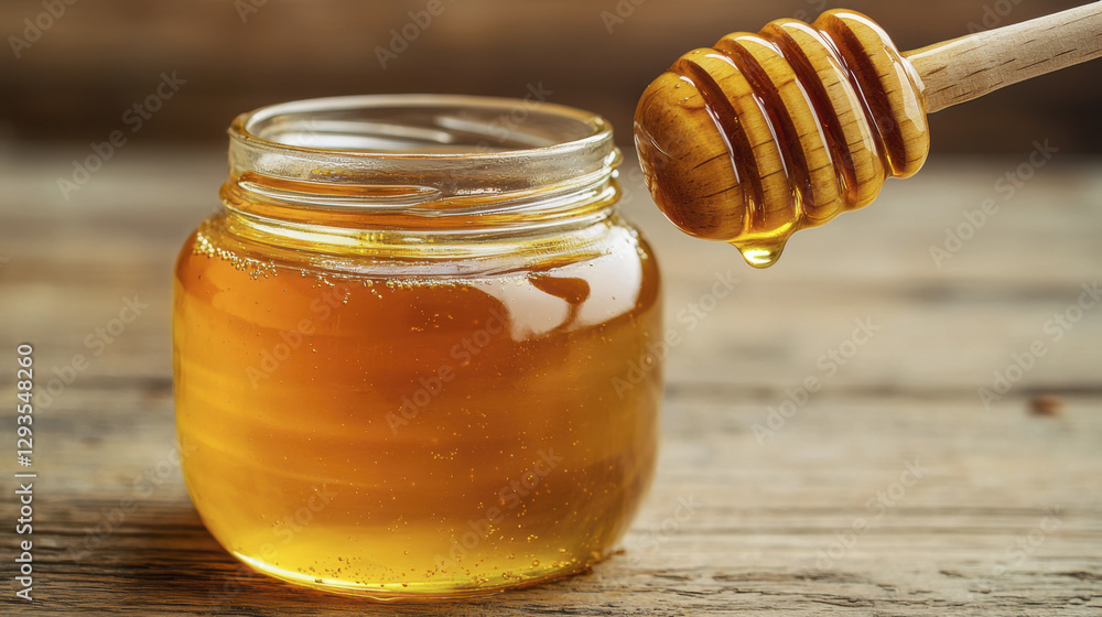 Fresh honey in jar with wooden dipper, showcasing its golden color and texture Fresh honey in jar with wooden dipper, showcasing its golden color and texture