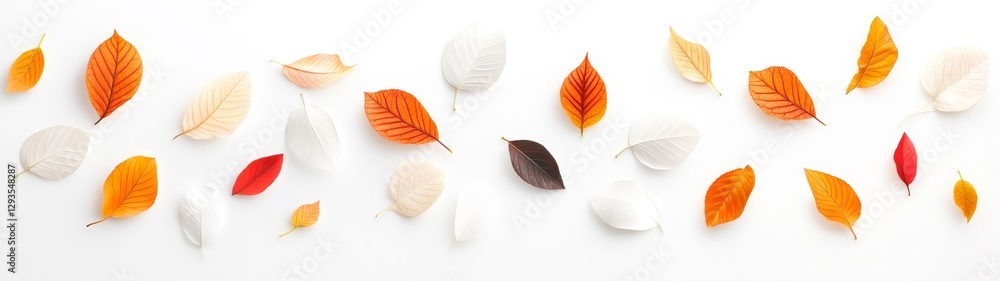 Obraz premium Colorful Autumn Leaves Arranged on White Background for Fall Decor