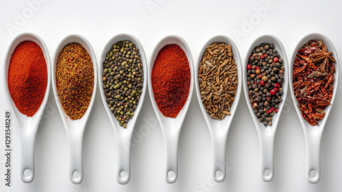 Spices arranged in white spoons, showcasing vibrant colors and textures photo