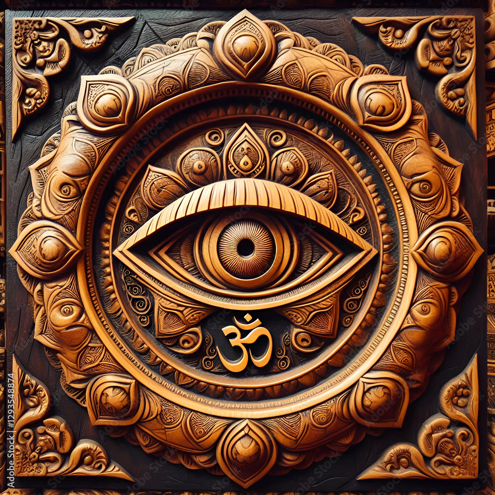 Obraz premium Intricately Carved Wooden Third Eye Sculpture – Circular Sacred Design with Lotus Motifs, Geometric Patterns, and an Om Symbol, Highlighting Spirituality and Artistic Detail