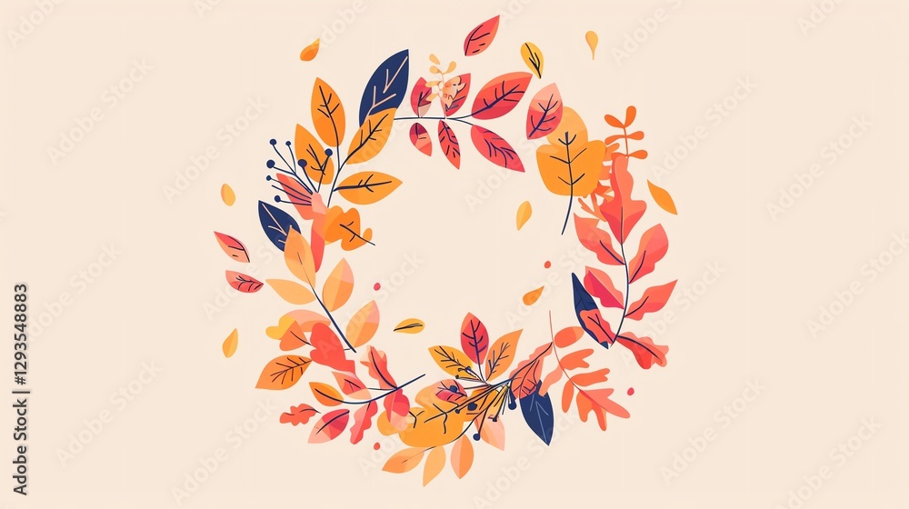 An autumnal wreath of leaves in orange, red, and blue. An autumnal wreath of leaves in orange, red, and blue.