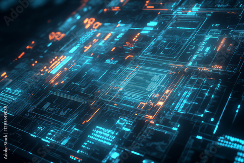 Holographic interface floating in deep cyberspace, composed of glowing data panels, futuristic icons, and complex neural connections. The digital abstract background features cyberpunk-style neon