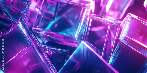 A high-tech abstract background inspired by crystalline formations, featuring transparent neon prisms refracting light into infinite geometric patterns. The luminous, futuristic composition creates an