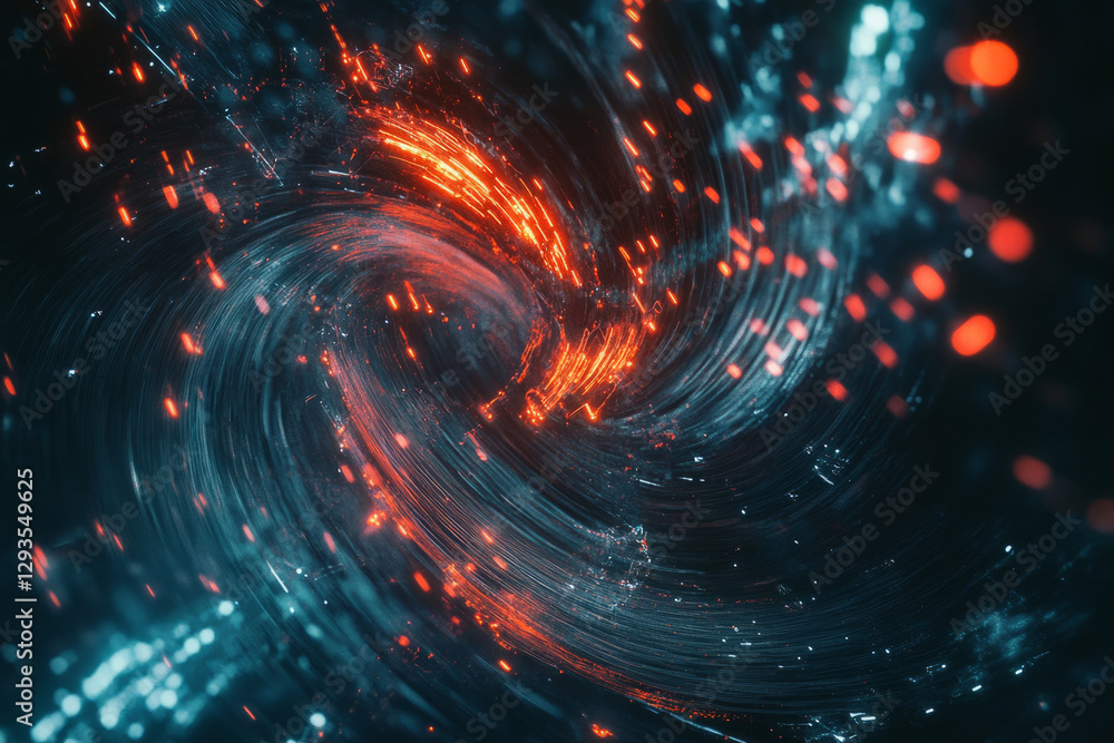 Obraz premium A swirling vortex of quantum energy, composed of radiant cybernetic light trails, digital data waves, and pulsating neon symbols. The futuristic abstract background represents the rapid flow of
