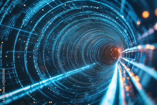 A mesmerizing cybernetic light tunnel filled with glowing data streams, holographic projections, and intricate neural connections. The futuristic abstract background represents AI-driven intelligence,