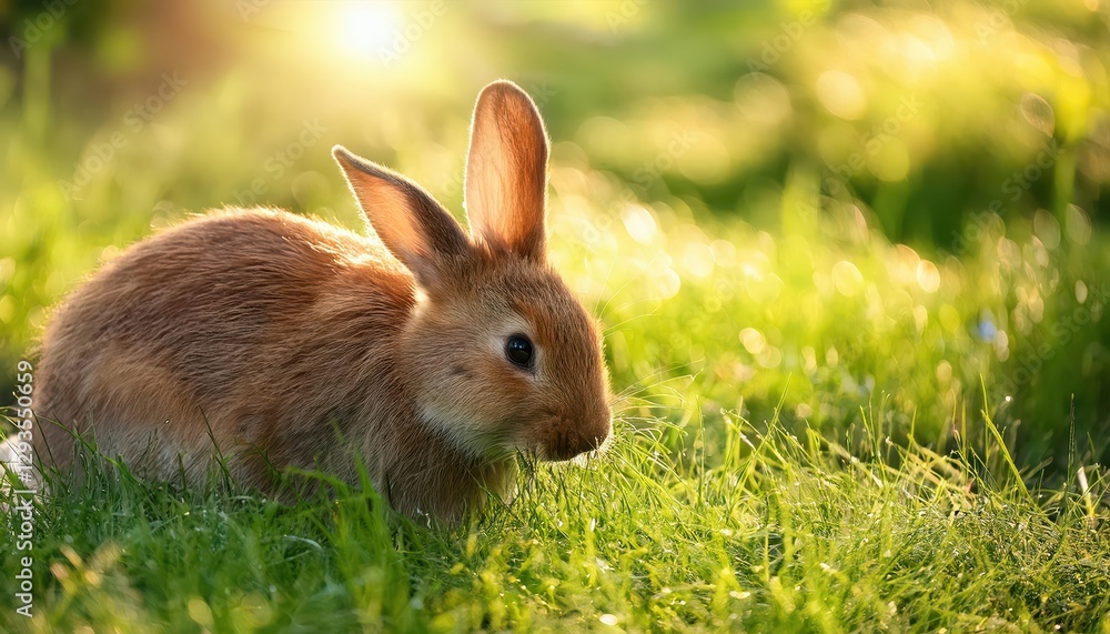 Fluffy Rabbit Nibbling on Fresh Green Grass in Sunny Meadow at Dawn Playful and Tranquil Morning Scene Exuding Warmth and Serenity Fluffy Rabbit Nibbling on Fresh Green Grass in Sunny Meadow at Dawn Playful and Tranquil Morning Scene Exuding Warmth and Serenity