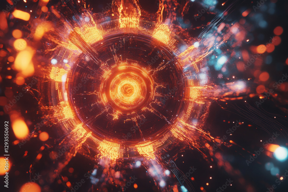 Obraz premium A futuristic holographic energy core, radiating glowing AI-driven data streams, pulsating cybernetic energy waves, and intricate digital pathways. The high-tech abstract background represents